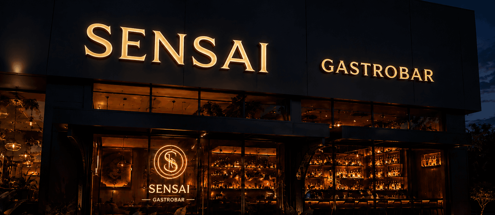 Fachada do Sensai Gastrobar à noite